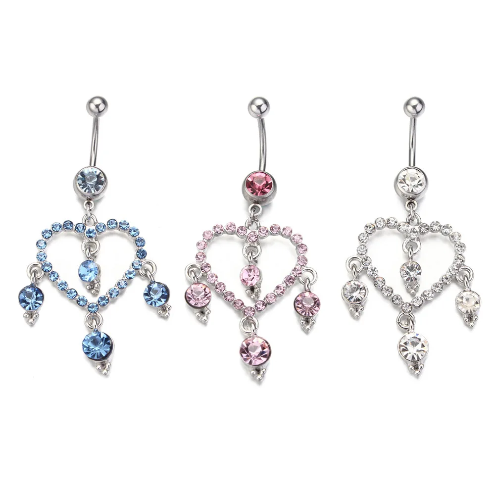 

High Quality Colorful Diamond Tassel Belly Ring Jewelry Stainless Steel Hollow Love Heart Navel Ring Piercing Belly Button Nails