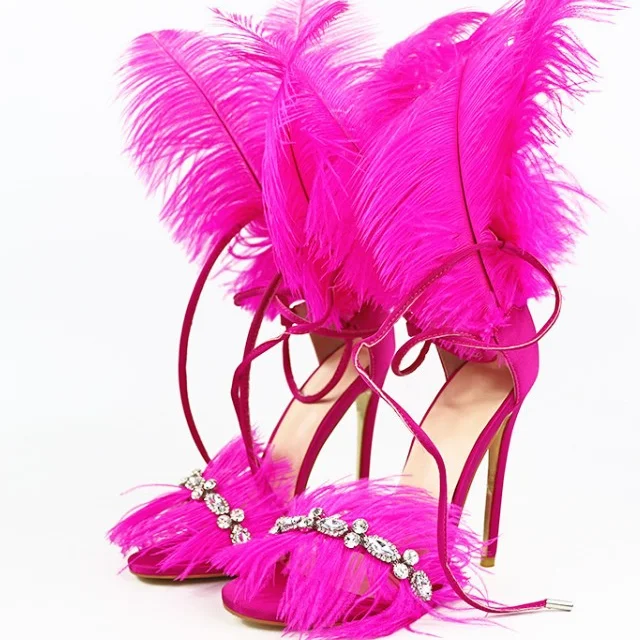 

neon pink long feather strap front fur rhinestone thin heel women stage cool sandals boots, Black,white,yellow