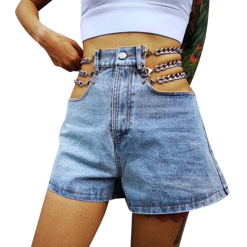

Sexy Patchwork Chain Women Denim Shorts High Waist Hollow Out Short Wide Leg Jeans Fashion