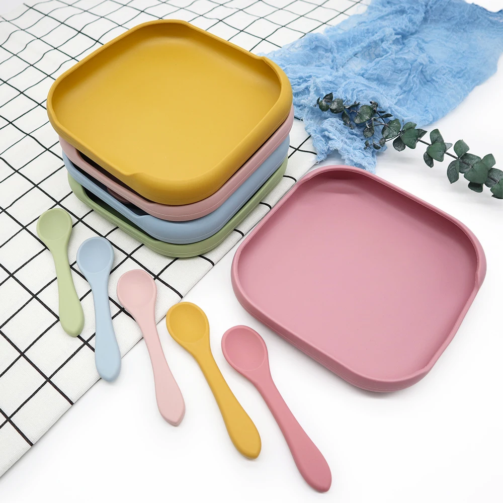 

Custom Silicon Toddler Dinnerware Set Tableware High Quality Plate Feeding Food Suction Baby Silicone Bowl Plate Spoon Set
