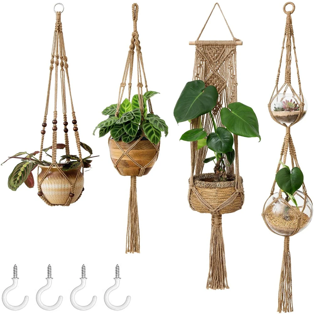 2 Tier Macrame Jute Plant Hangers Wall Hanging Planter Basket Flower Pot Holder 