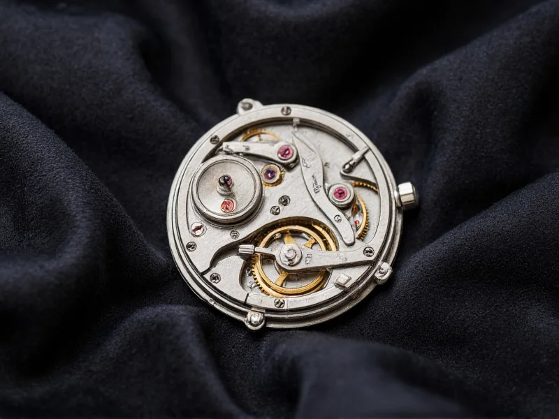 Close-up of watch movement components on velvet