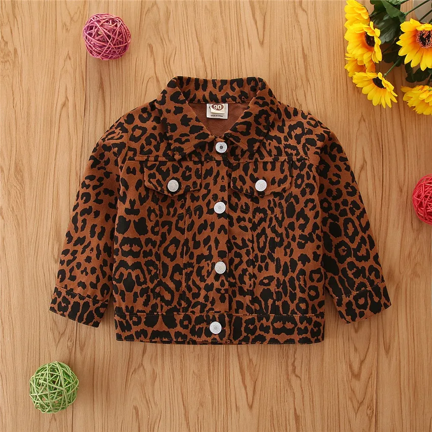 

B54270A Korea style little girls fashion long sleeve single-breasted leopard coat, As picture