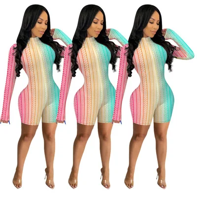 

B14590A 2020 Latest western women rainbow print front zipper SHORT bandage jumpsuit