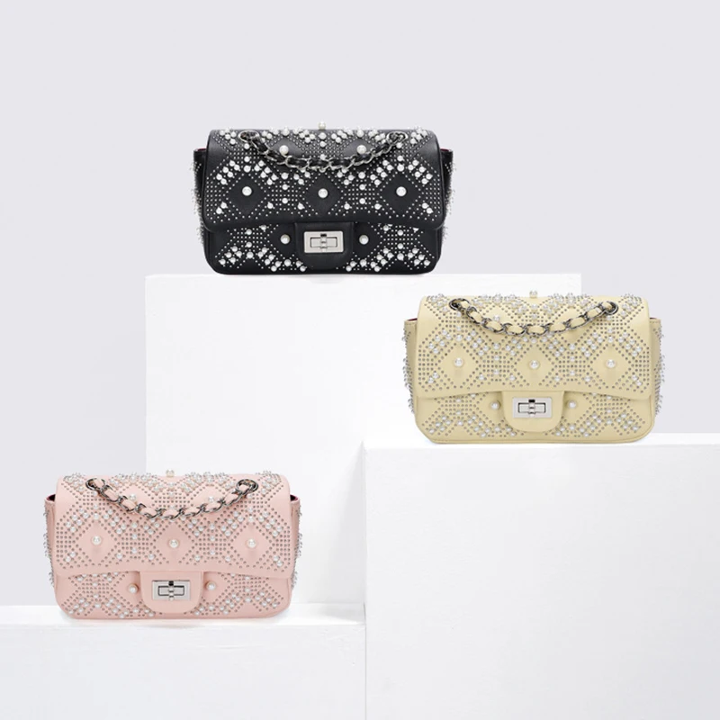 

Korean Fashion Simple Pearl Sling Chain Bags For Women Leather Shoulder Bags Ladies