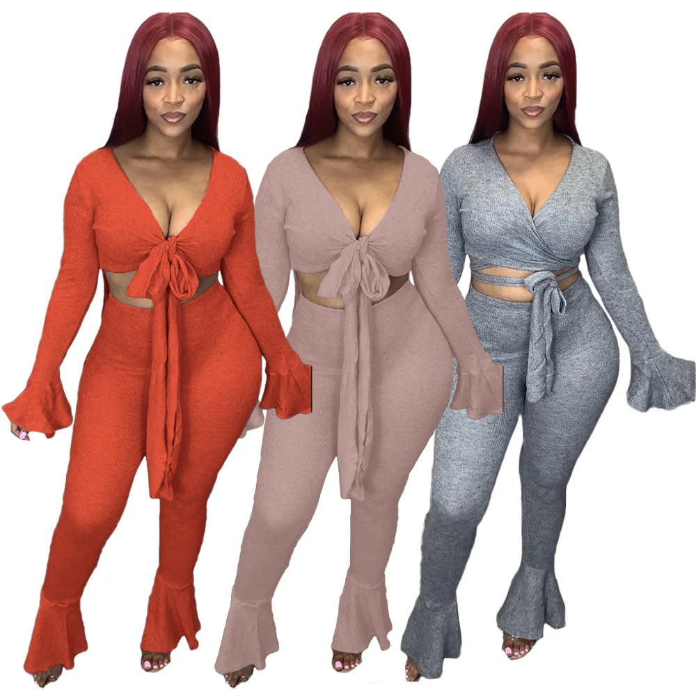 

2021spring New Arrival Clothing Guangzhou Sexy 2 Piece crop top pant Sets Women Eleagnt Casual flare two piece satin set pants, Solid black/blue/pink/two piece satin set pants