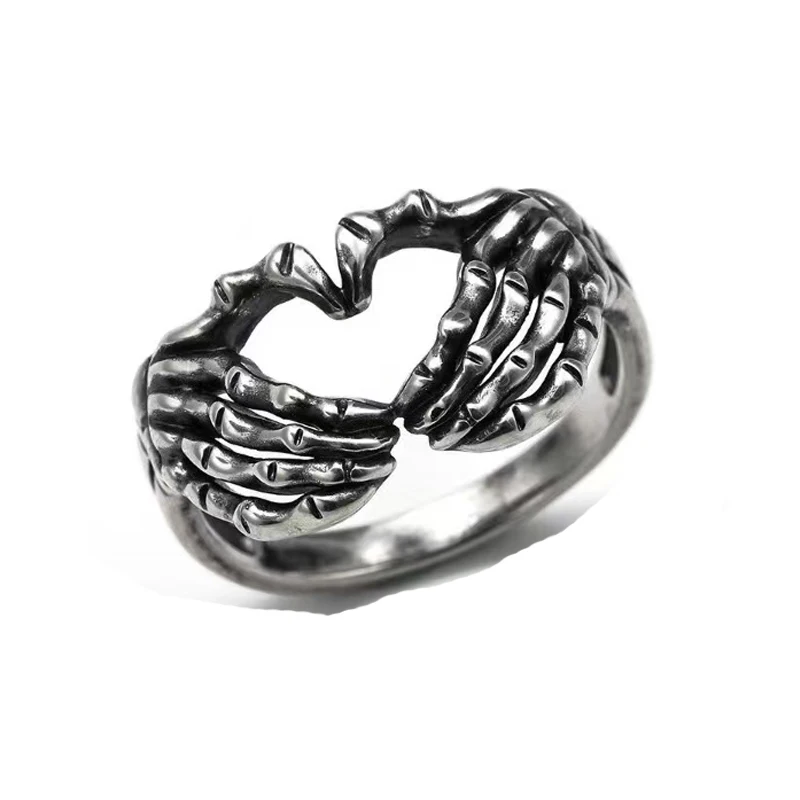 

New Creative Punk Gothic Retro Stainless Steel Skeleton Skull Heart Shape Finger Rings Men Women, Silver