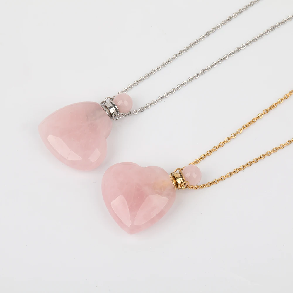 

Newest Women Natural Rose Quartz Lapis Lazuli Stone Perfume Bottle Heart Necklace, As picture