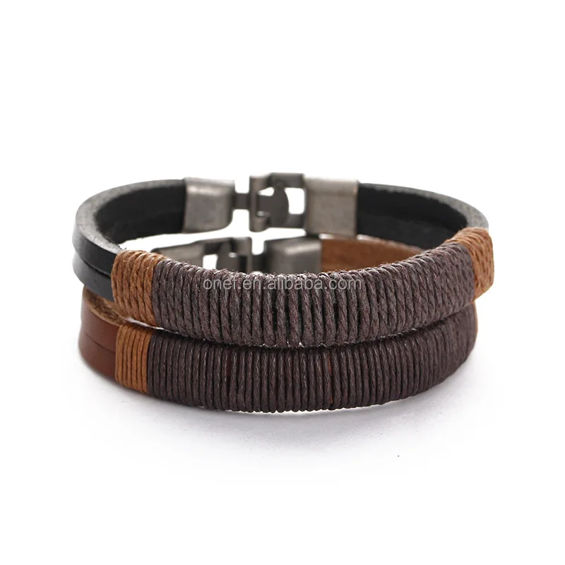 Steel Black Leather Twine Bracelet Hand Woven PU Leather Bracelet Wholesale.jpg