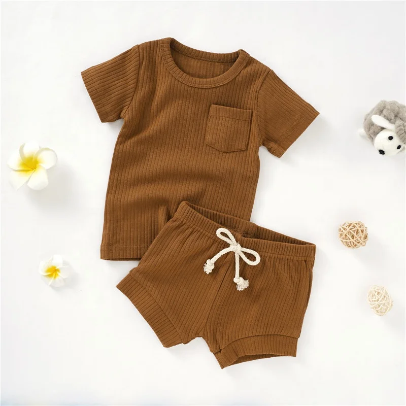 

Plain Dyed Boutique Organic Cotton Knitted Ribbed Baby Pajamas Set Wholesale