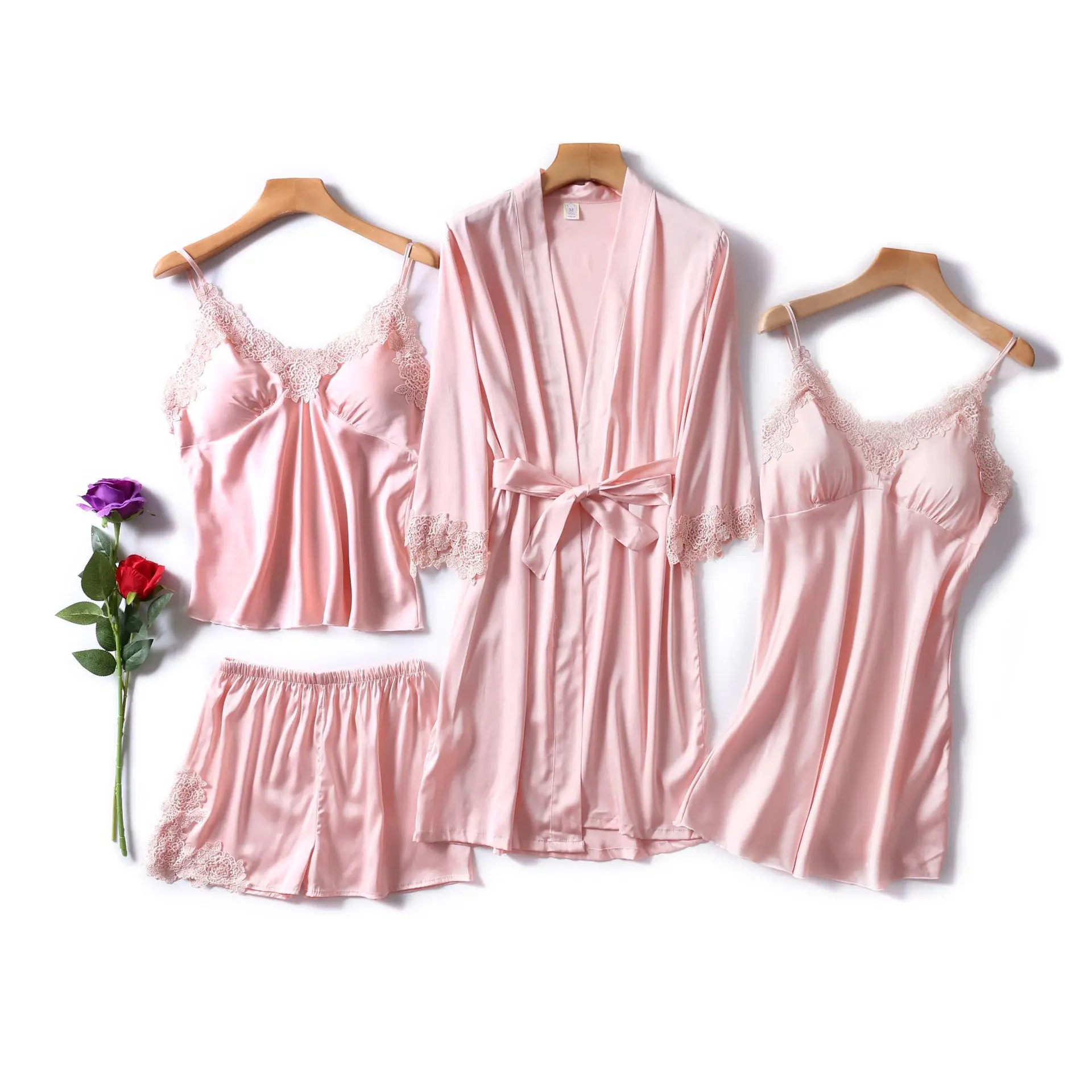 

4 Pieces Night Suits for Women Ice Satin Spaghetti and Robes Lounge Wear Women Lace Appliques Nighty for Ladies Robe Femme, Purple, black, burnt orange and etc