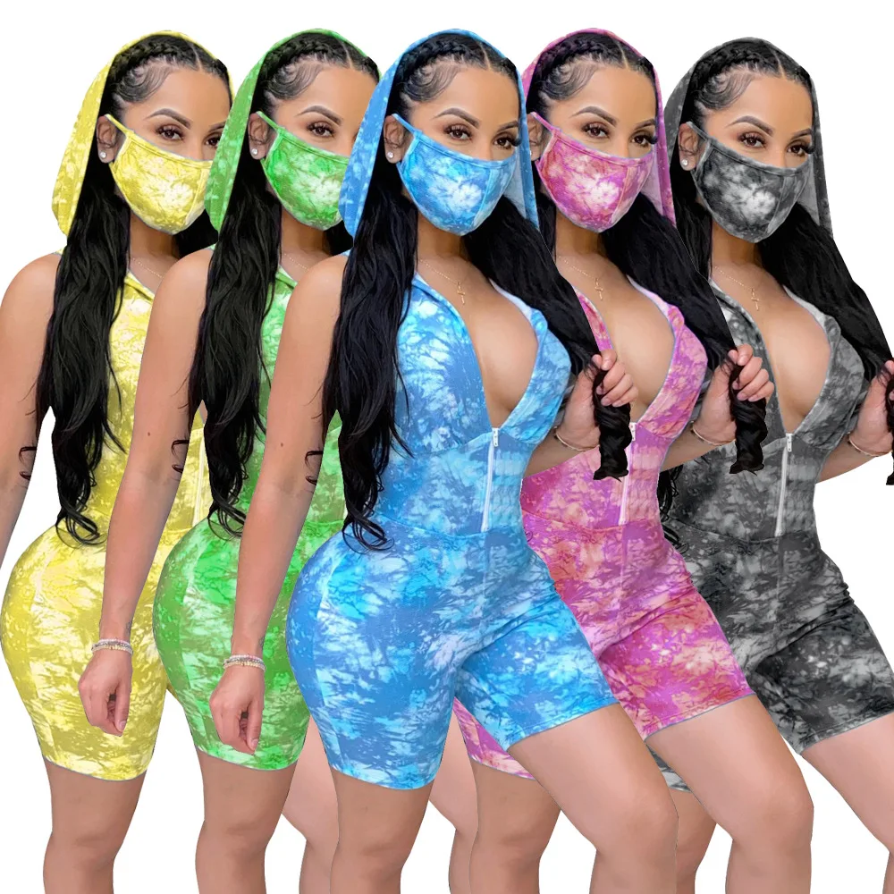 

2021 fashion women clothes Tie Dye color hooded sleeveless zipper v-neck vest short jumpsuit romper plus size, As picture