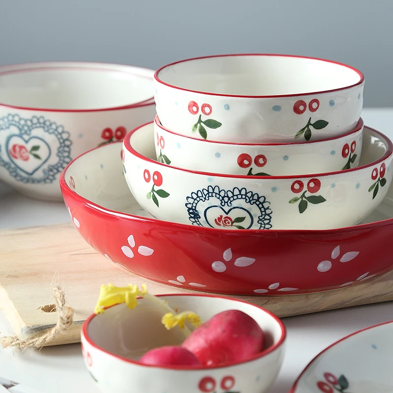 

Cherry ceramic salad bowl set ceramic soup bowl, Red
