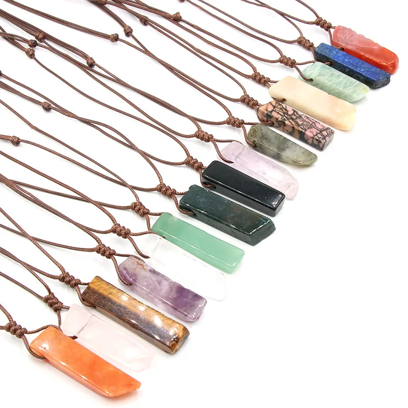 Natural crystal stone irregular flat strips pendant woven necklace gemstone rose quartz amethyst necklace jewelry for women men