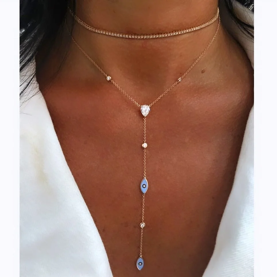 

rose gold plated turkish jewelry cute lovely tiny enamel Evil eye charm LONG Y lariat necklace, Customized