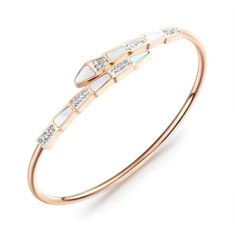 

Wholesale Fashion Stainless Steel Jewelry Snake Shape Stainless Steel Bangle Zircon White Shell Open Bangle Women