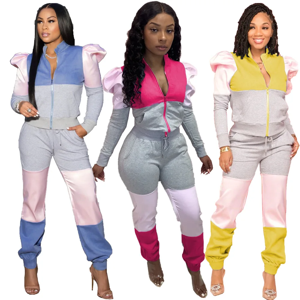 

Wholesale Sale Bubble Sleeve Zipper Color Blocking Patchwork 2 Piece Long Sleeve Set Women Casual Jogger Sets