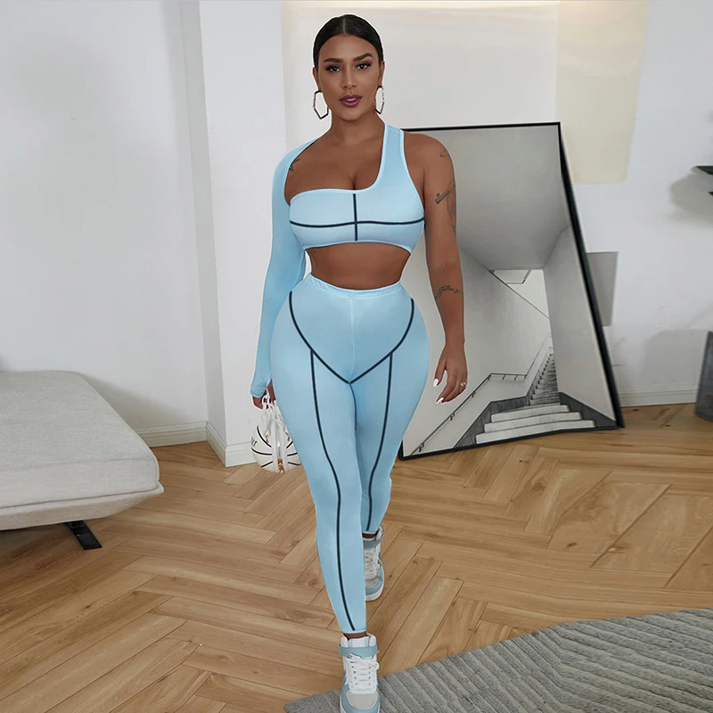 

Bomblook R21ST461 Basic Sporty Outfit One Shoulder Long Sleeve Crop Top High Waist Pants Strip Print Two Piece Set Women