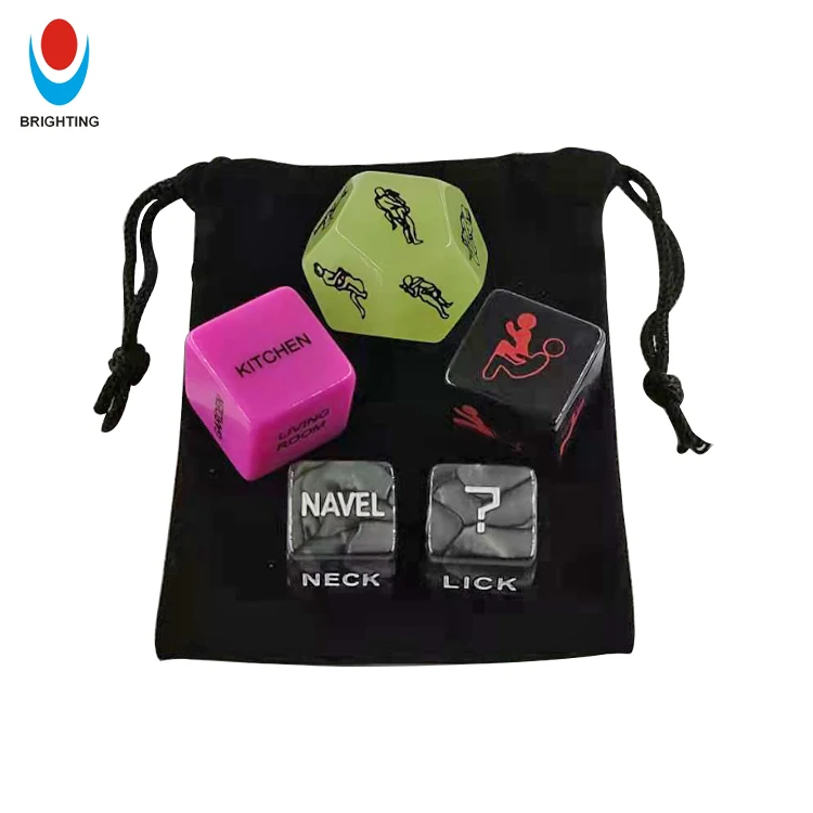 

5pcs 12 side Glowing 20mm 16mm Marble Words Position With Velvet Bag Acrylic Family Funny Game Love Sex Dice, Black&pink