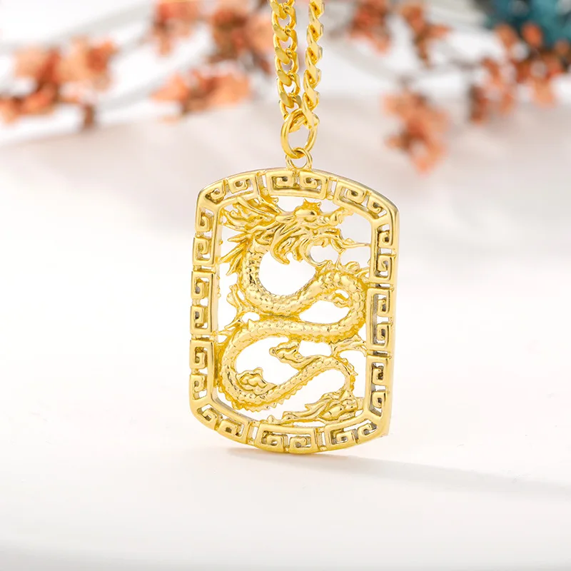 

Man gold silver plated stainless steel Chinese dragon charm necklace pendant