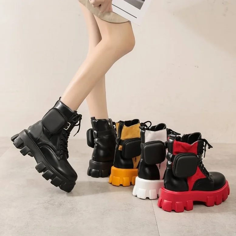 

High quality winter Color-blocking lace up woman platform leather marten boots, Black,white