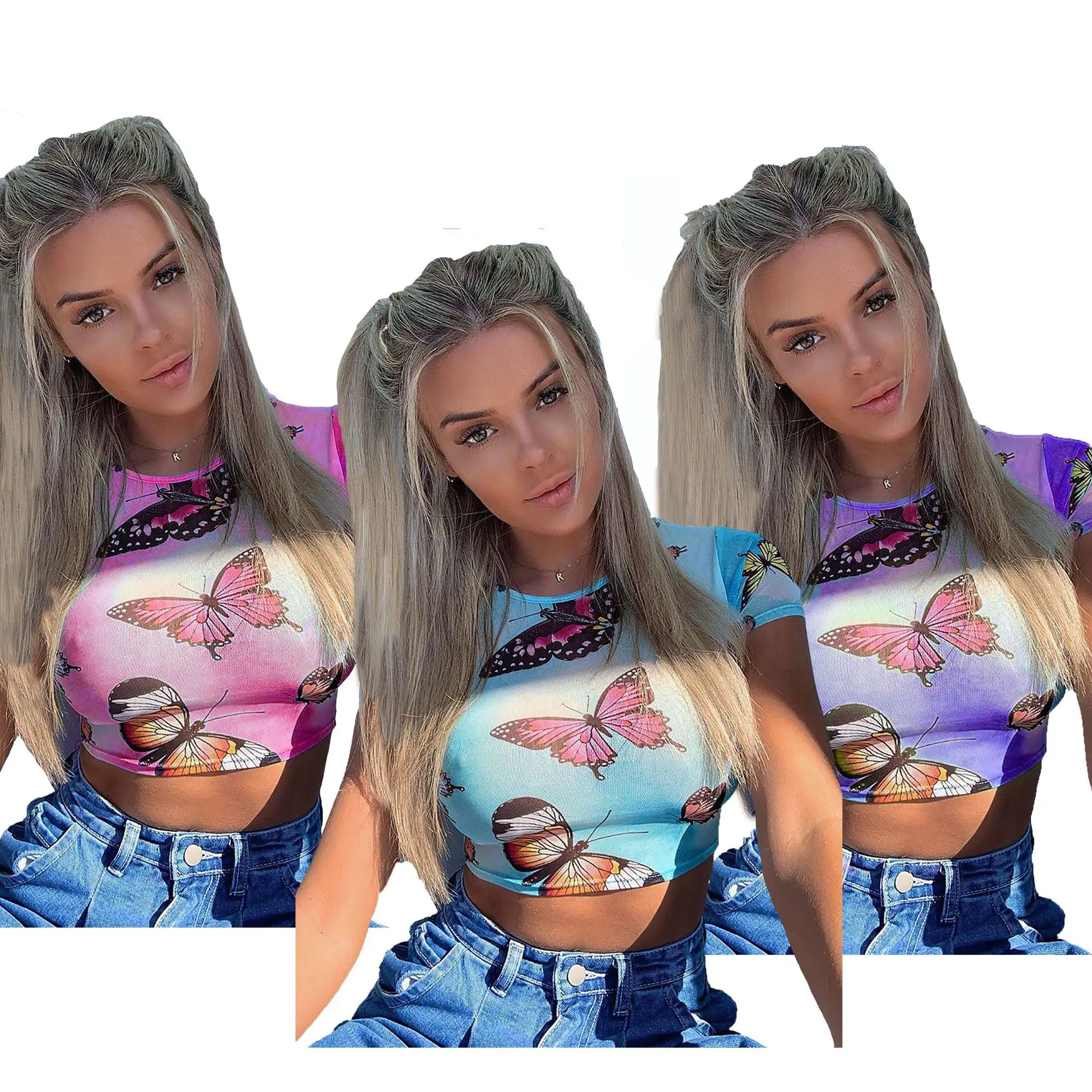 

2021 Wholesale Trendy Butterfly Ptint Tee-shirt Vintage Women See Through Mesh Sexy Plus Size T-shirts woman tops fashionable, Picture showed