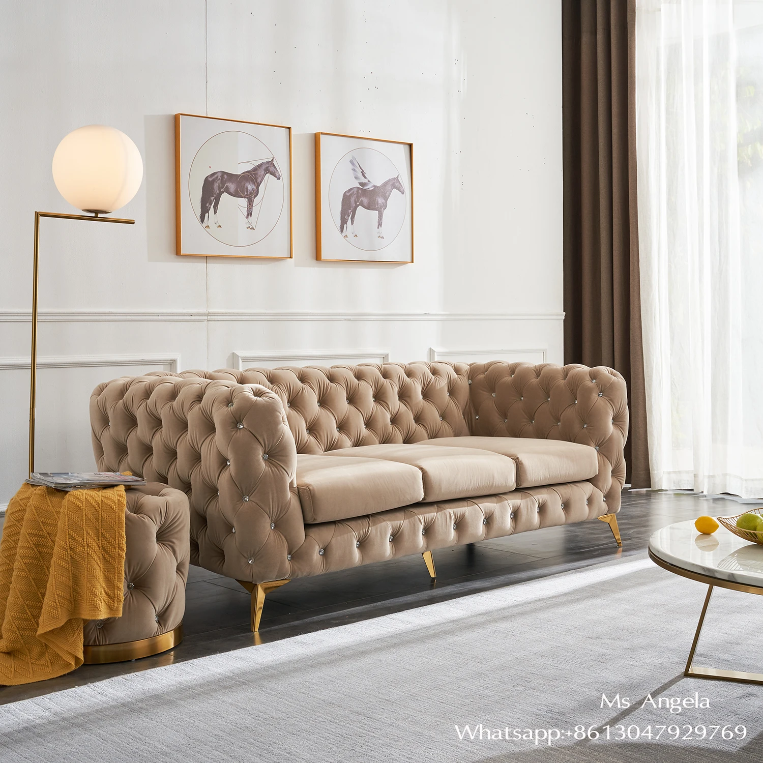 Customized Post Modern Italian Design Living Room Chesterfield Sofa With Crystal Buckle Brown