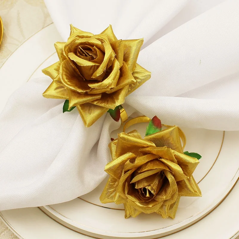 

New Wedding Table Simulation Gold Color Rose Flower Napkin Ring Fake Flower Napkin Button Cloth Ring HWW01