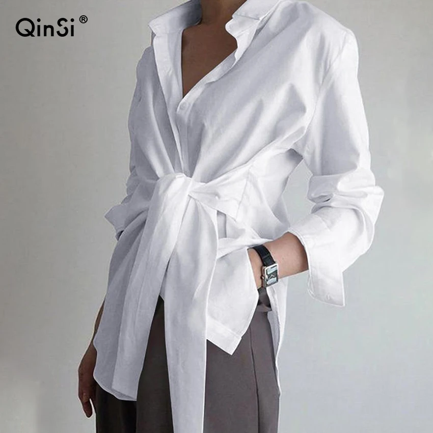 

QINSI office ladies white blue black autumn shirt fashion women shirt blouse long sleeve ruched solid color blouse