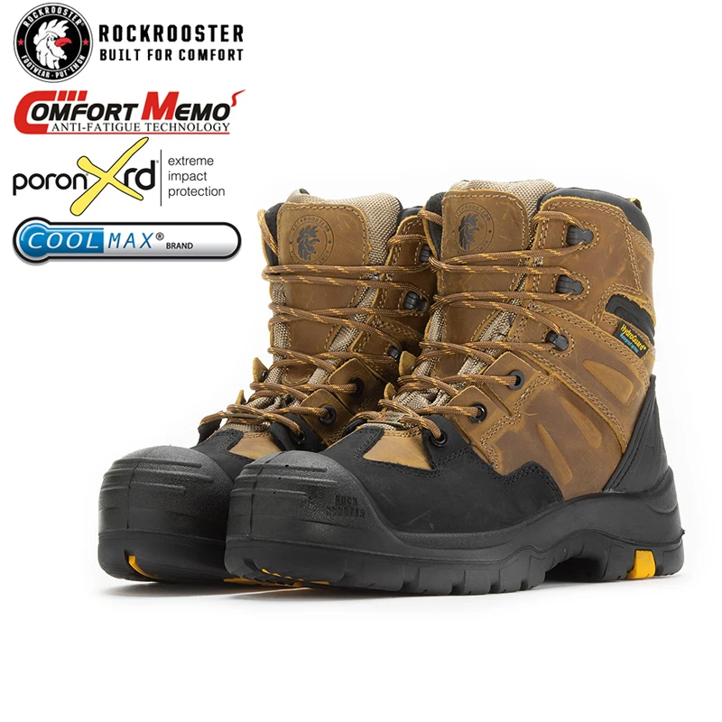 

Free Shipping Rockrooster High Cut Work Boots Waterproof 6"X-Wide Brown Composite Toe Allen Cooper Safety Shoes