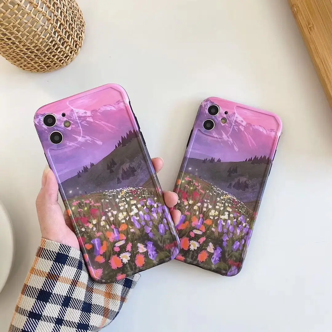 

Phone Casing for iPhone 12 11 Pro Max mini Case Purple Oil Painting Flowers 12mini X XS XR 7p 8plus Soft Cover