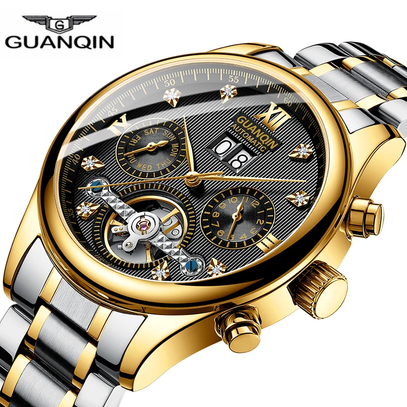 
2019 guanqin Good Quality Luxury Waterproof Automatic Stainless Steel Mechanical Watch 