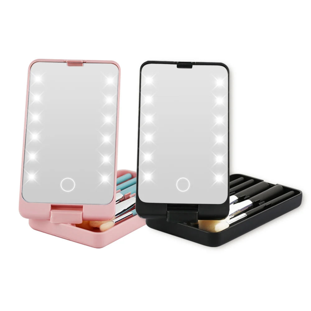 

Promotion Natural injection square Black Plastic touch switch foldable Fashionable compact Portable Led makeup brush mirror set, Customized