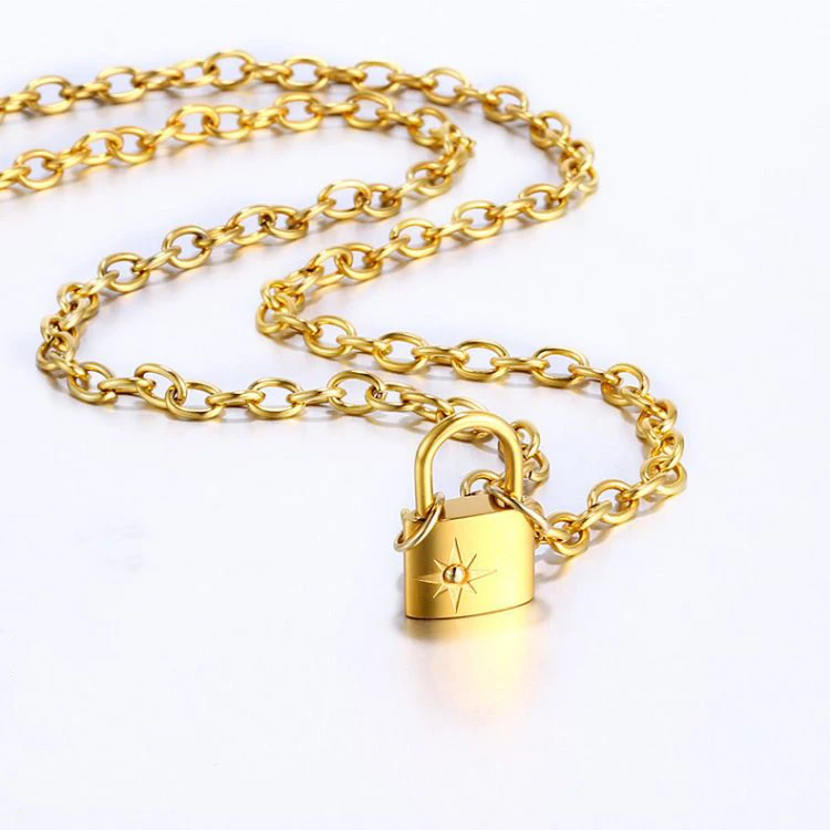 

Custom Brand Zircon Asterism Padlock Pendant Thick Chain Stainless Steel Necklace Jewelry, Steel/gold/rose gold