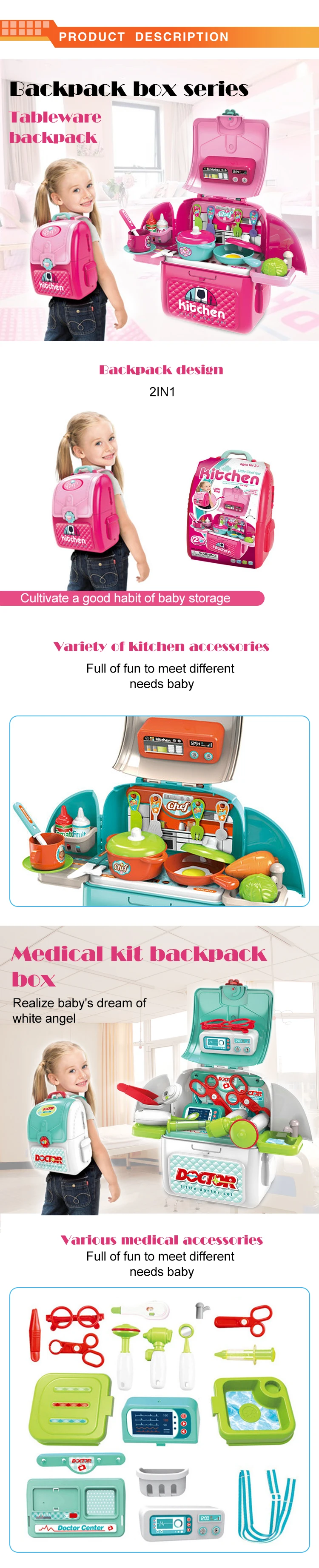 Boys and girls educationaly toys multifunction kitchen tool tableware Medical kit backpack box pretend play