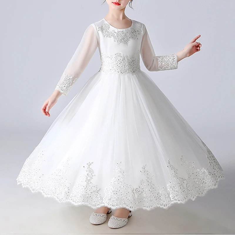 

Summer Flower Children's Lace Dress Spot Girls Long Princess Dresses Long Sleeves Gauze Skirt Dress For Birthday Party Singing