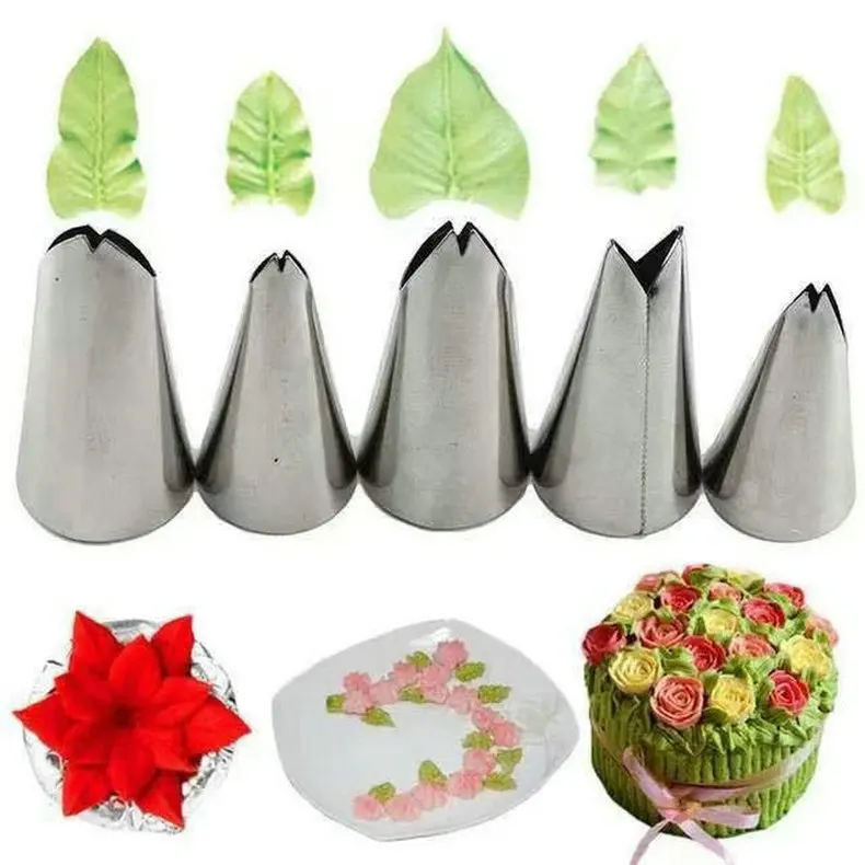 

5PCS Leaves Nozzle Set Stainless Steel Icing Piping Nozzle Pastry Tips Baking Decorating Tool