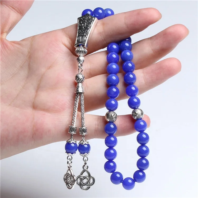 

New Tassel Islamic Prayer Beads 8MM Natural Blue Agate Stone Tasbih Muslim Rosary 33