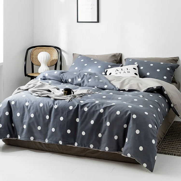 

Polka Dot Print Bed Sheet Bedding Set Custom Print Black Gray Printed Duvet And Cotton Bed Sheet Set