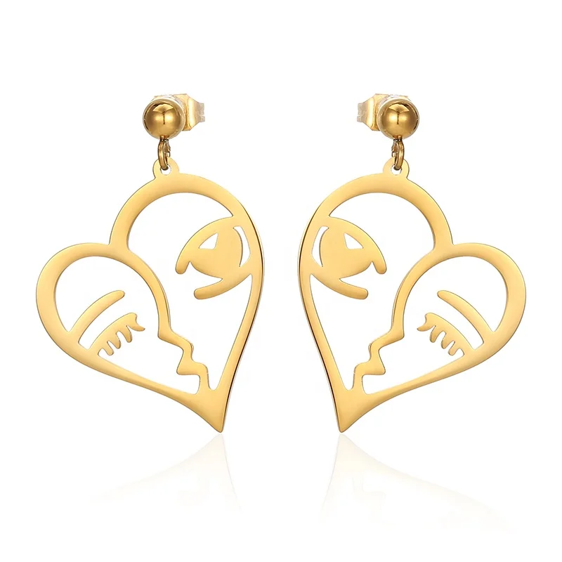 

Stainless Steel Jewelry Women Love Heart Abstract Art Human Face Earrings Happy Smiley Face Earrings, As picture