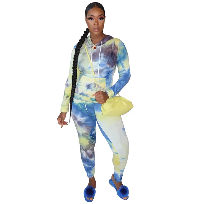 

New design sexy tie-dyed print two Piece hoddies and Butt Lifter Yoga Pants sweatsuit jogger set