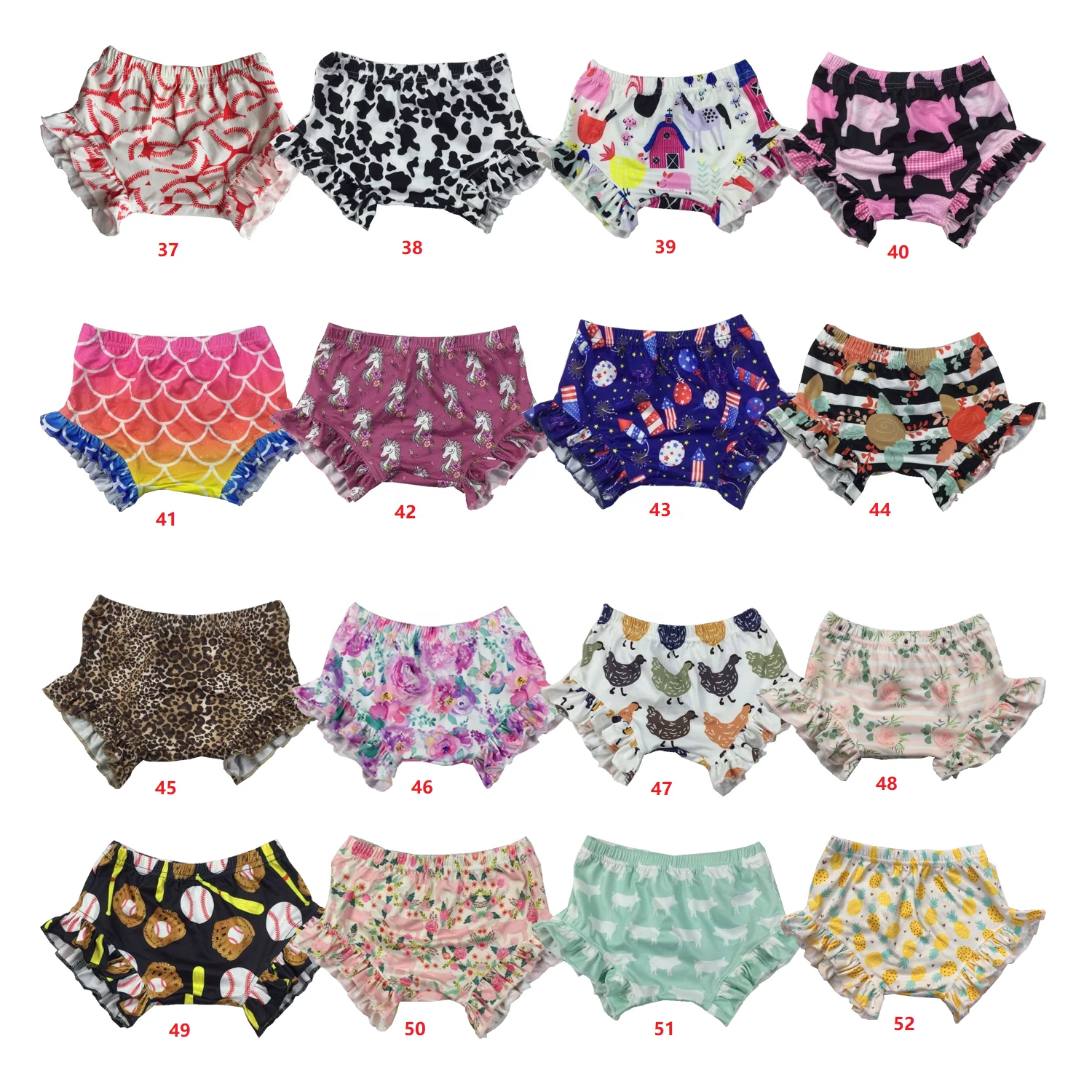 

Low MOQ Wholesale Cheap Kids Boutique Ruffle bloomer Cute Printed Milk Silk Baby Girls Bummies, Requirement