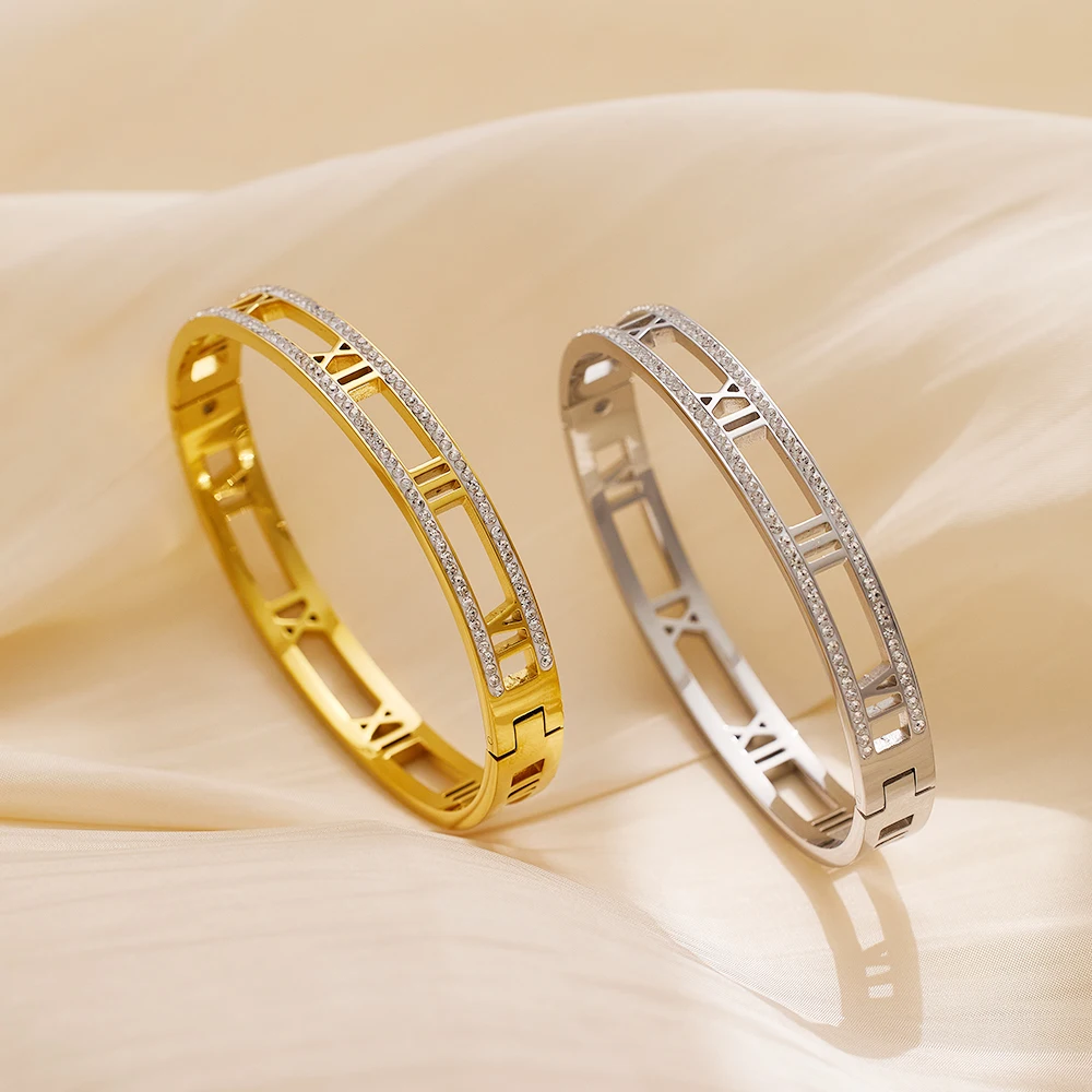 

XIXI Luxury Designer Acier Inoxydable Stainless Steel 18K Gold Plated Women Roman Numerals Fashion Jewelry Bracelet Bangles