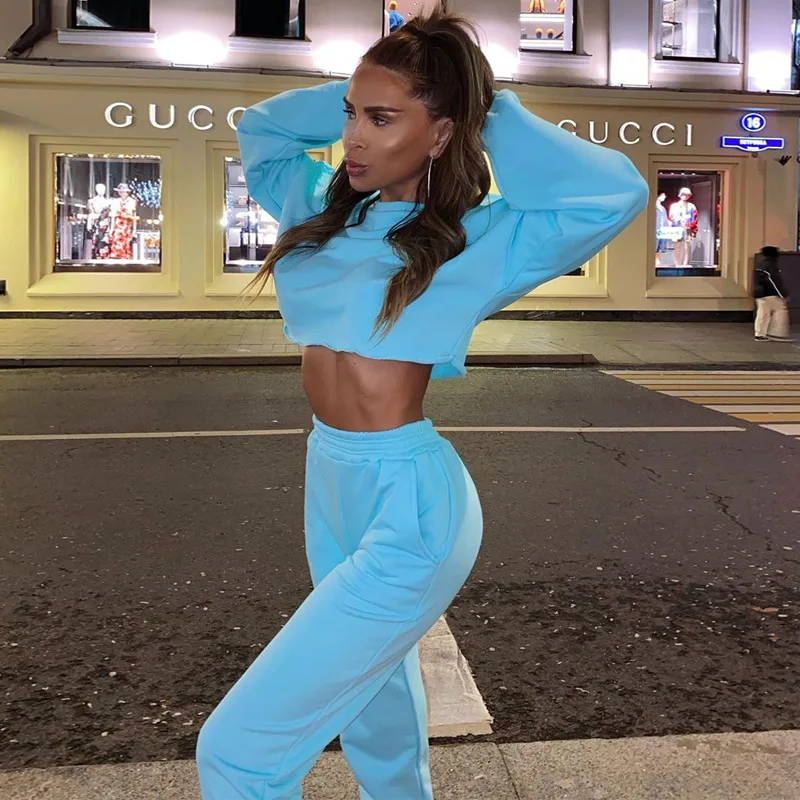 

Yingchao 2020 New Design Autumn Winter Women Casual 4 Colour Crop Top T-Shirt High Waist Sport Pant 2 Piece Sweat Sets