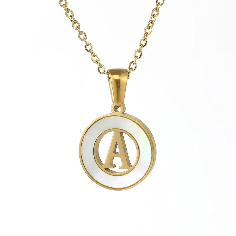 

Stainless Steel Round Hollow Capital 26 English Letter Pendant Necklace Gold Plated Inlaid Shell Necklace 2021, Like picture