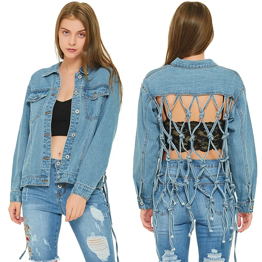 

2021 Hot Sales Women's Loose BF Wind Knotted Denim Jacket Hollow Out Female Baseball Uniform, Blue