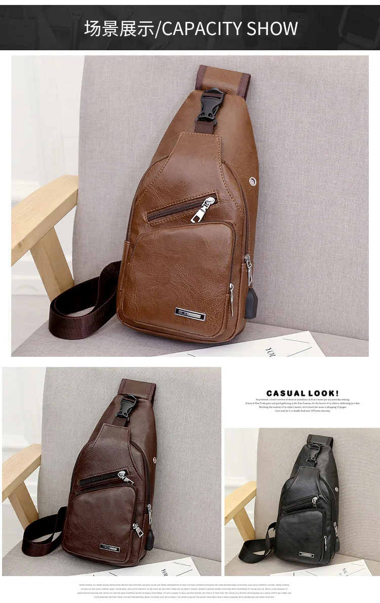 USB Charging Crossbody Anti-theft Chest Bag PU Leather Short Trip Messengers Bag Men Shoulder Bags M1091