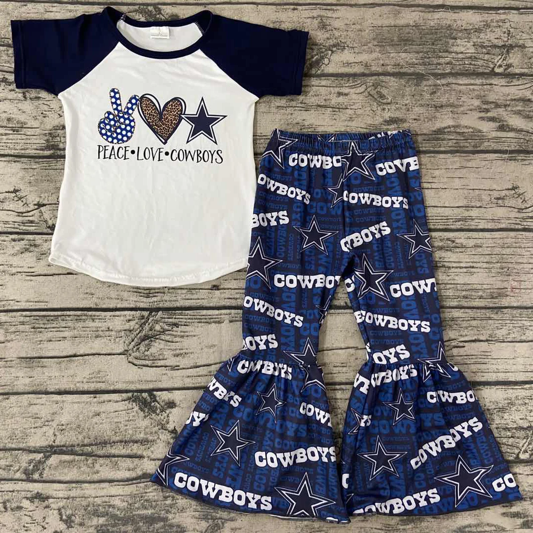 

Wholesale fashion clothing cowboys design baby girls football team baseball kids children boutique outfits no moq bell bottom