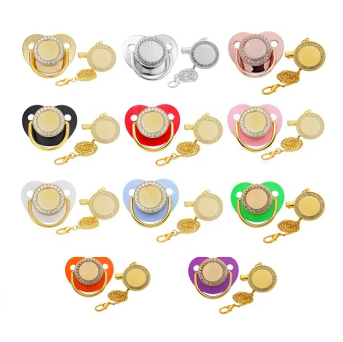 

Wholesale Luxury Gold Silicone Sublimation Blanks Custom Bling Pacifier For Baby With Pacifier Chain, Picture show