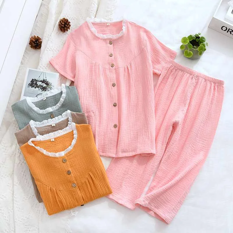 

2021 summer thin ladies 100% cotton sleepwear two-piece short-sleeved cropped pants plus size home service suit sleepwear set wo, Pink, yellow, green, khaki